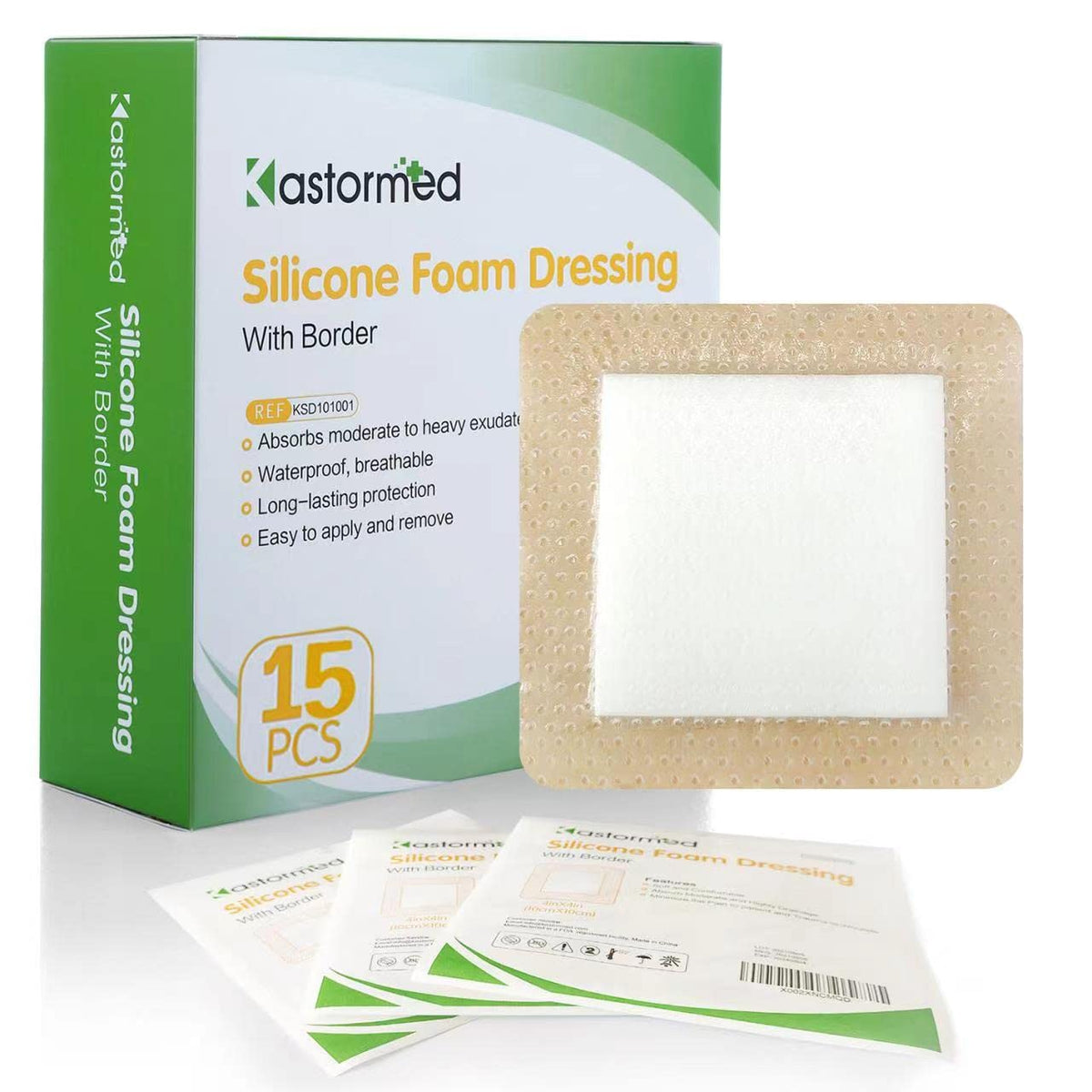 The Kastormed silicone foam dressing 4x4 pack front view highlighting 15-pack convenience for wound care.