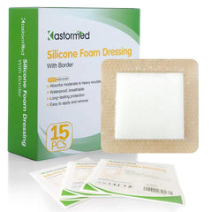 The Kastormed silicone foam dressing 4x4 pack front view highlighting 15-pack convenience for wound care.