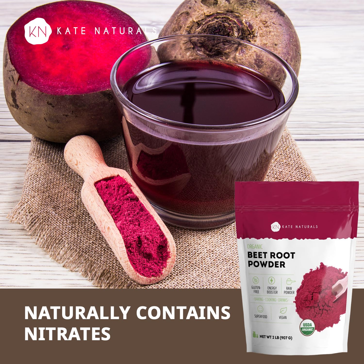 Close-up of Kate Naturals label showing organic and non-GMO beet root powder.
