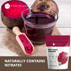 Close-up of Kate Naturals label showing organic and non-GMO beet root powder.