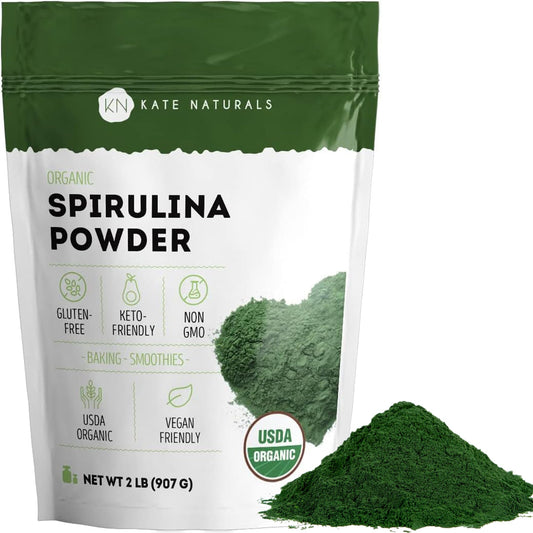 Kate Naturals Spirulina Powder container with resealable lid for freshness and storage convenience.