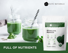 Kate Naturals Spirulina Powder blended into a smoothie for nutrition.