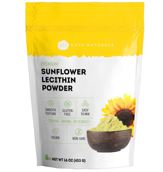 Kate Naturals sunflower lecithin powder packaging front, non-GMO and soy-free.