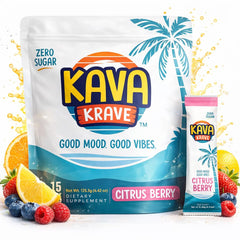 Kava Krave drink mix bottle pour showing calm, focused refreshment.
