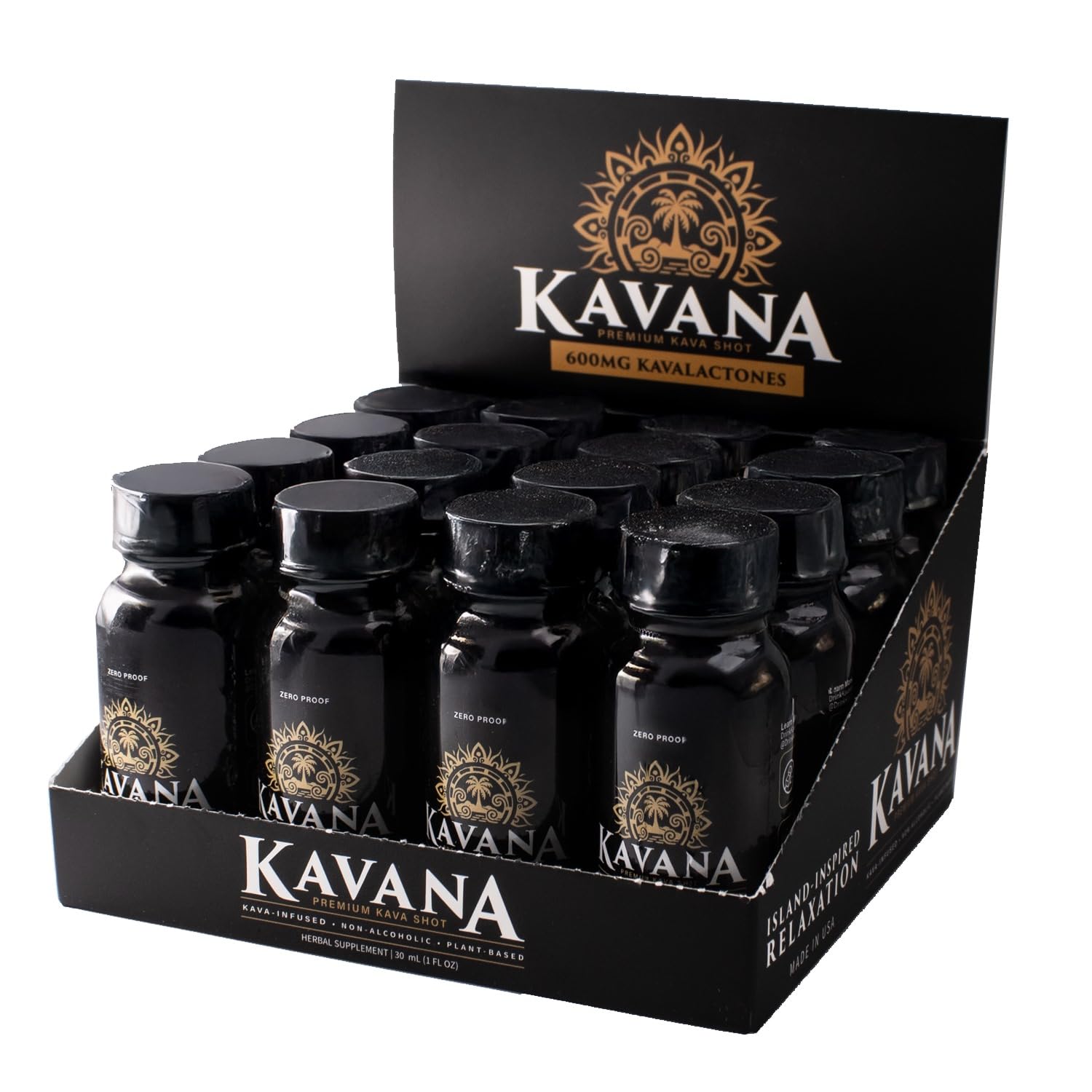 Kavana Shots bottle on table showing citrus-forward kava for quick, alcohol-free unwind