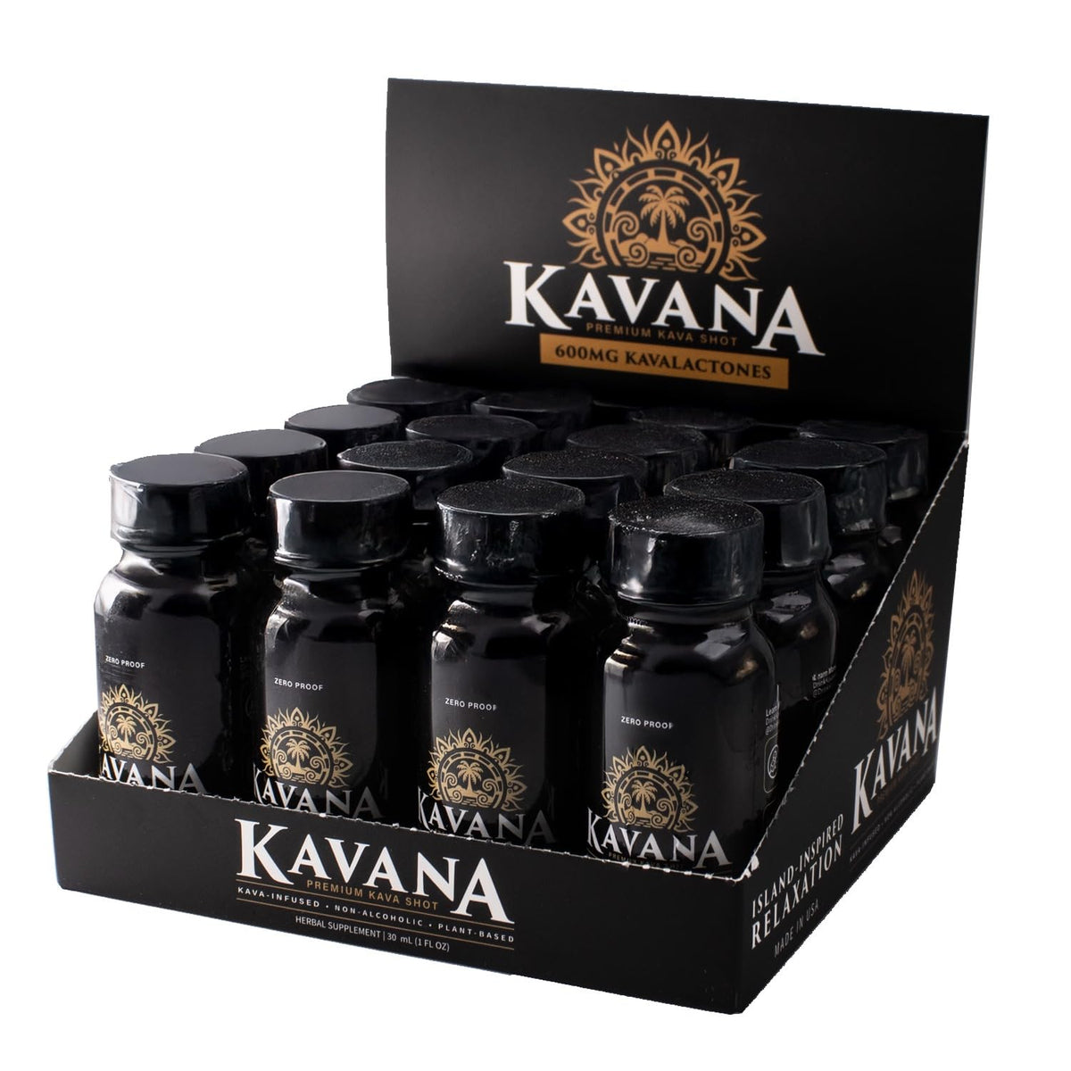 Kavana Shots bottle on table showing citrus-forward kava for quick, alcohol-free unwind