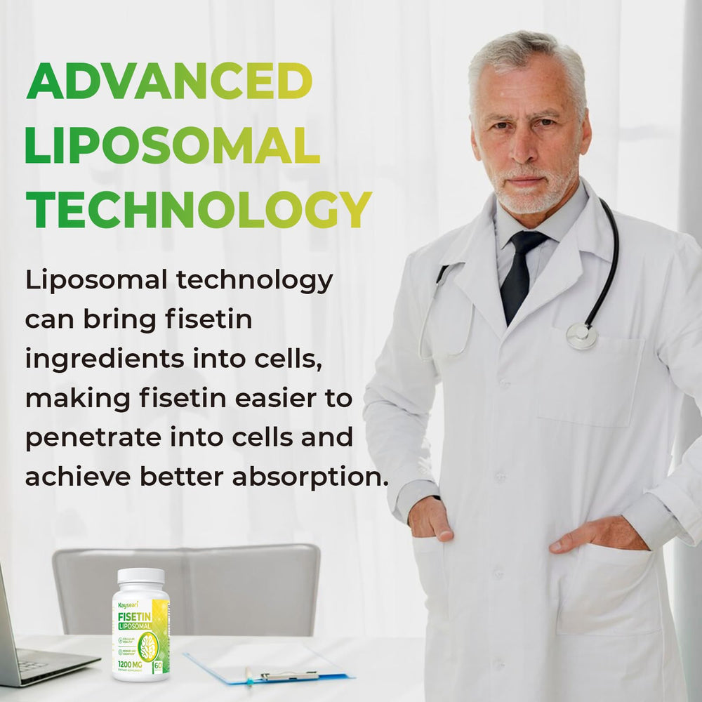 Kayseari Fisetin liposomal technology; visual highlights enhanced absorption.
