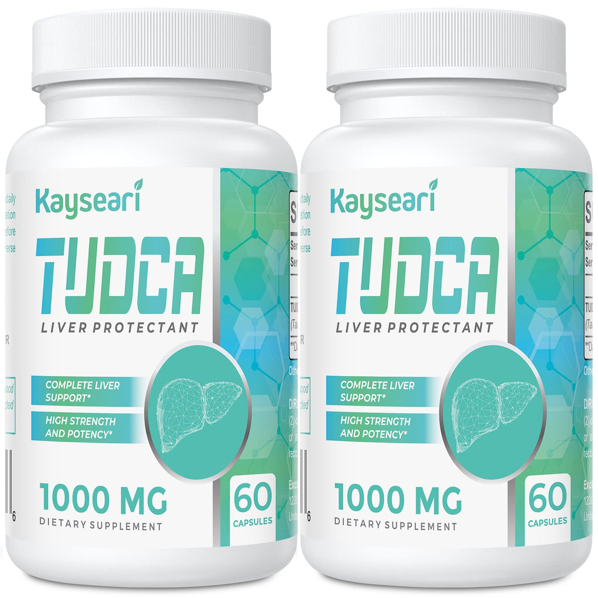 Kayseari TUDCA bottle front view showing 120 veggie capsules for daily liver support.