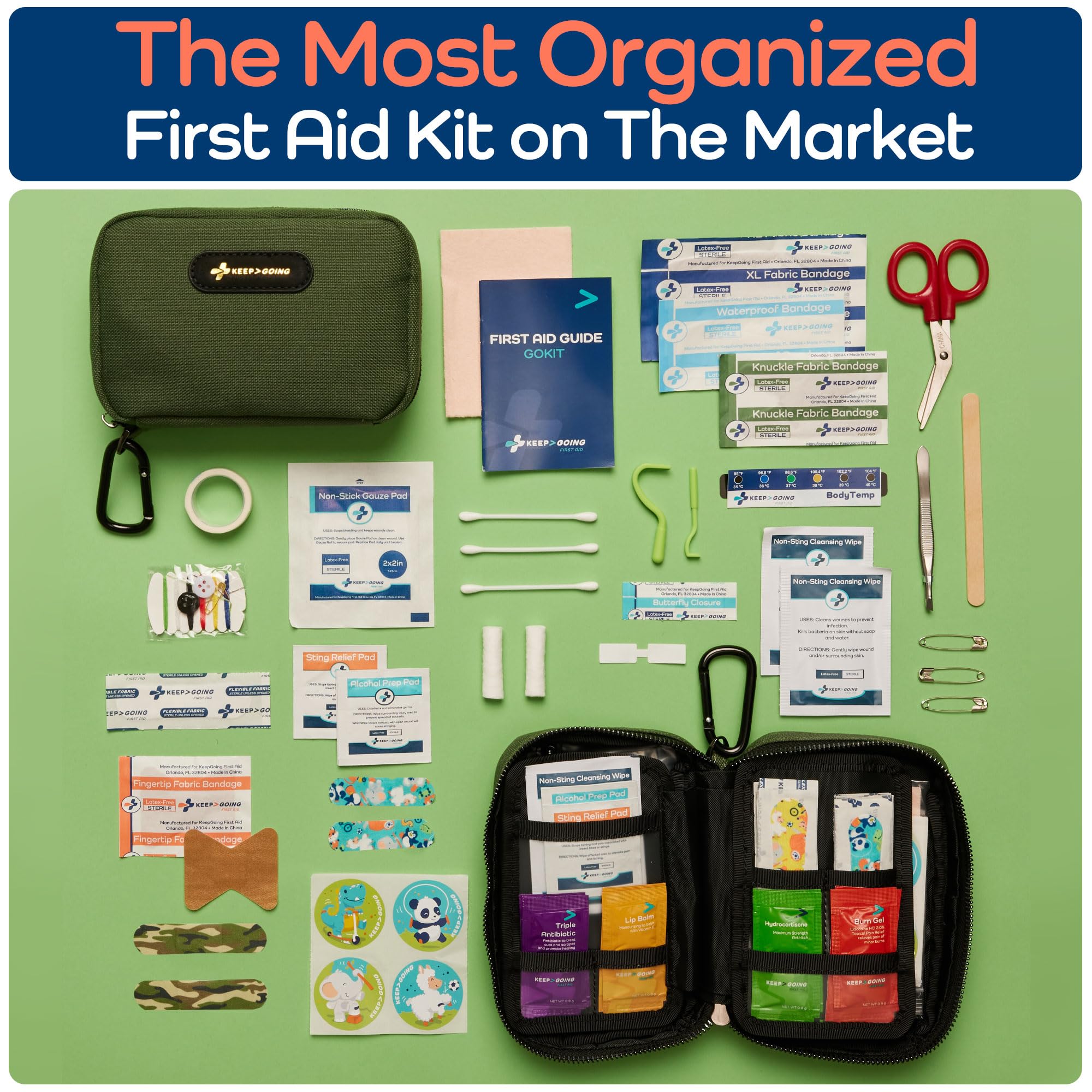 KEEP>GOING 130-piece contents provide essential supplies for everyday minor injuries.