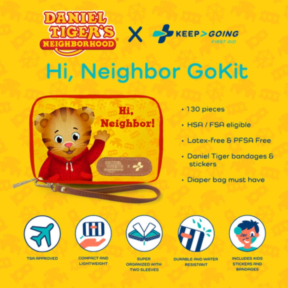KeepGoing Daniel Tiger's kit stored in a car for on-the-go care during family trips.