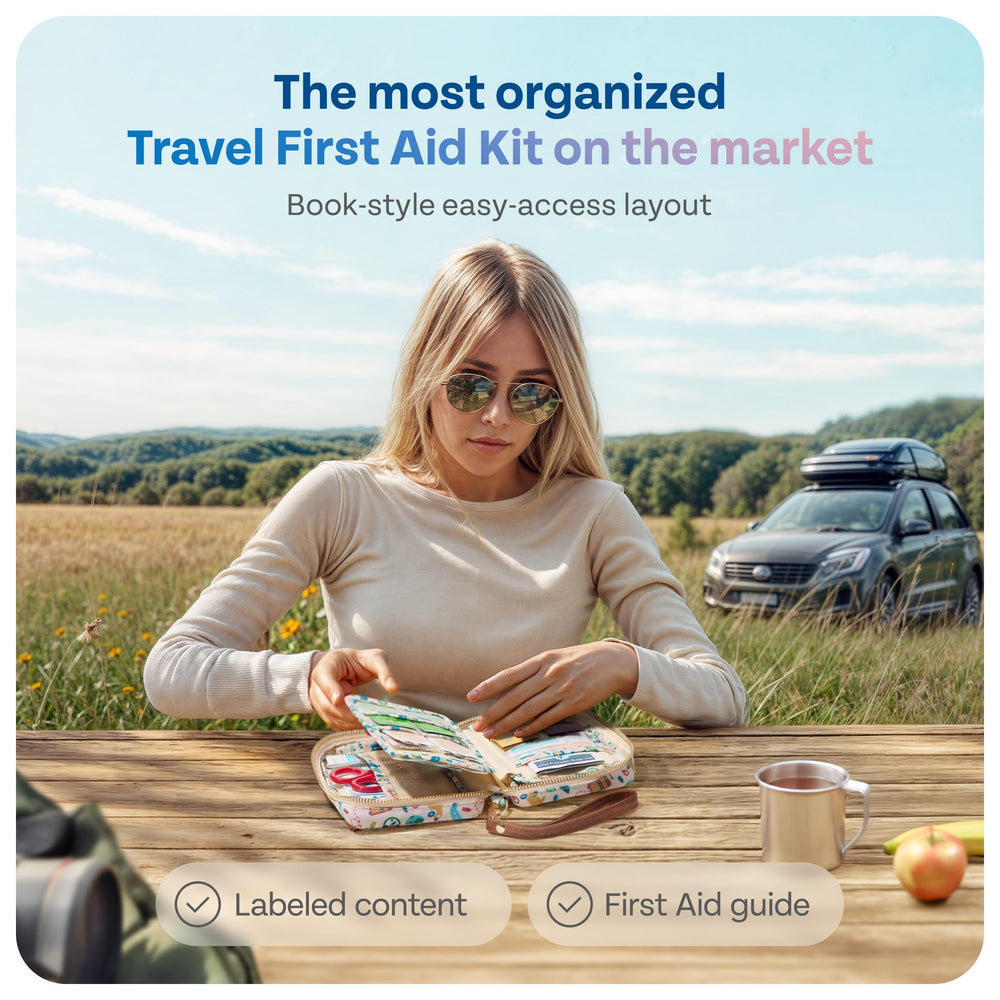 KeepGoing first aid kit in car ready for emergencies during road trips.