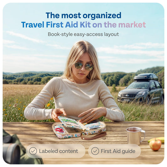 KeepGoing first aid kit in car ready for emergencies during road trips.