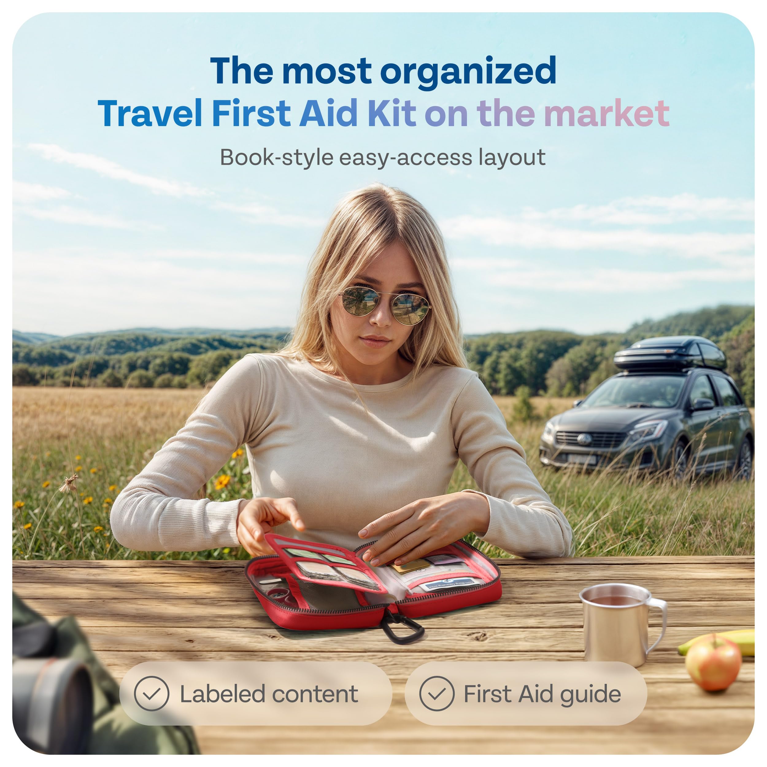 KeepGoing first aid kit contents are neatly organized for quick access on hikes.