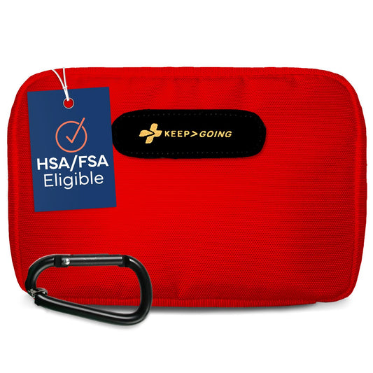 KeepGoing travel first aid kit open to reveal organized contents for quick access.