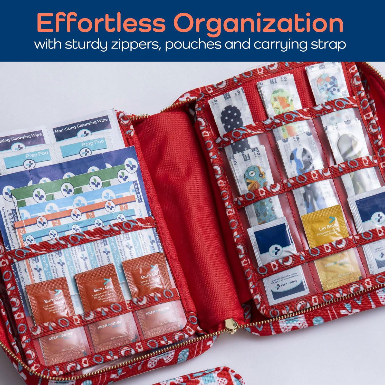 KeepGoing latex-free bandages inside the kit for sensitive skin use.