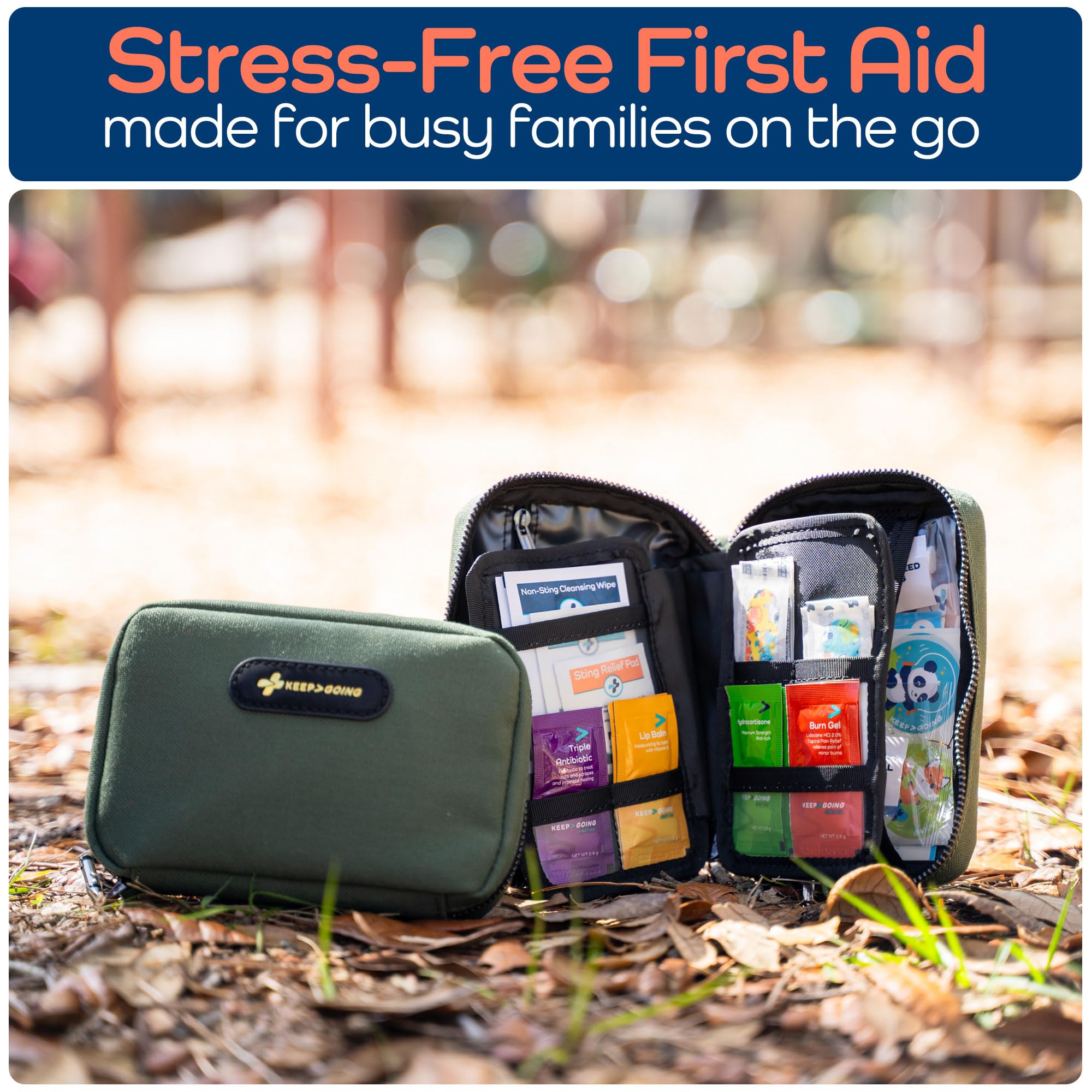 KEEP>GOING latex-free bandages offer gentle protection for sensitive skin.