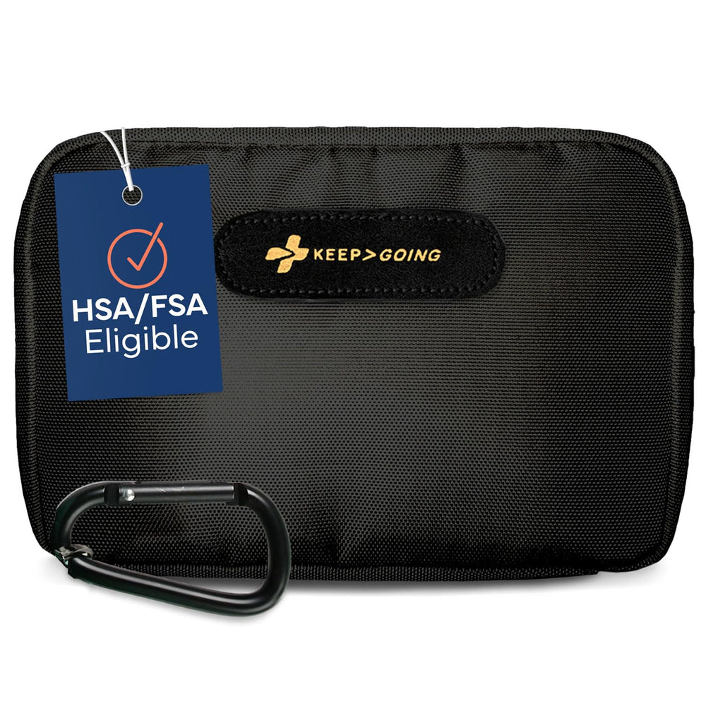 KeepGoing travel first aid kit cover showing an organized TSA-friendly case for emergencies.