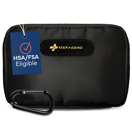 KeepGoing travel first aid kit cover showing an organized TSA-friendly case for emergencies.