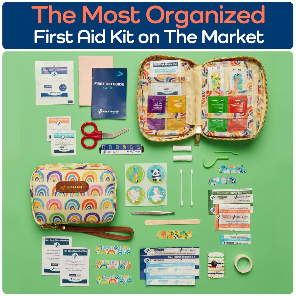 KeepGoing travel first aid kit for kids, purse-fit for on-the-go access.