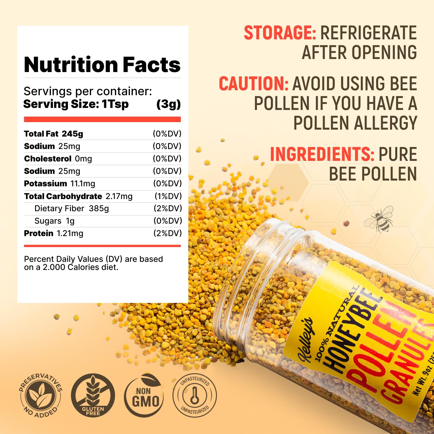 Close-up of Kelley’s Bee Pollen granules showing texture and color for energy