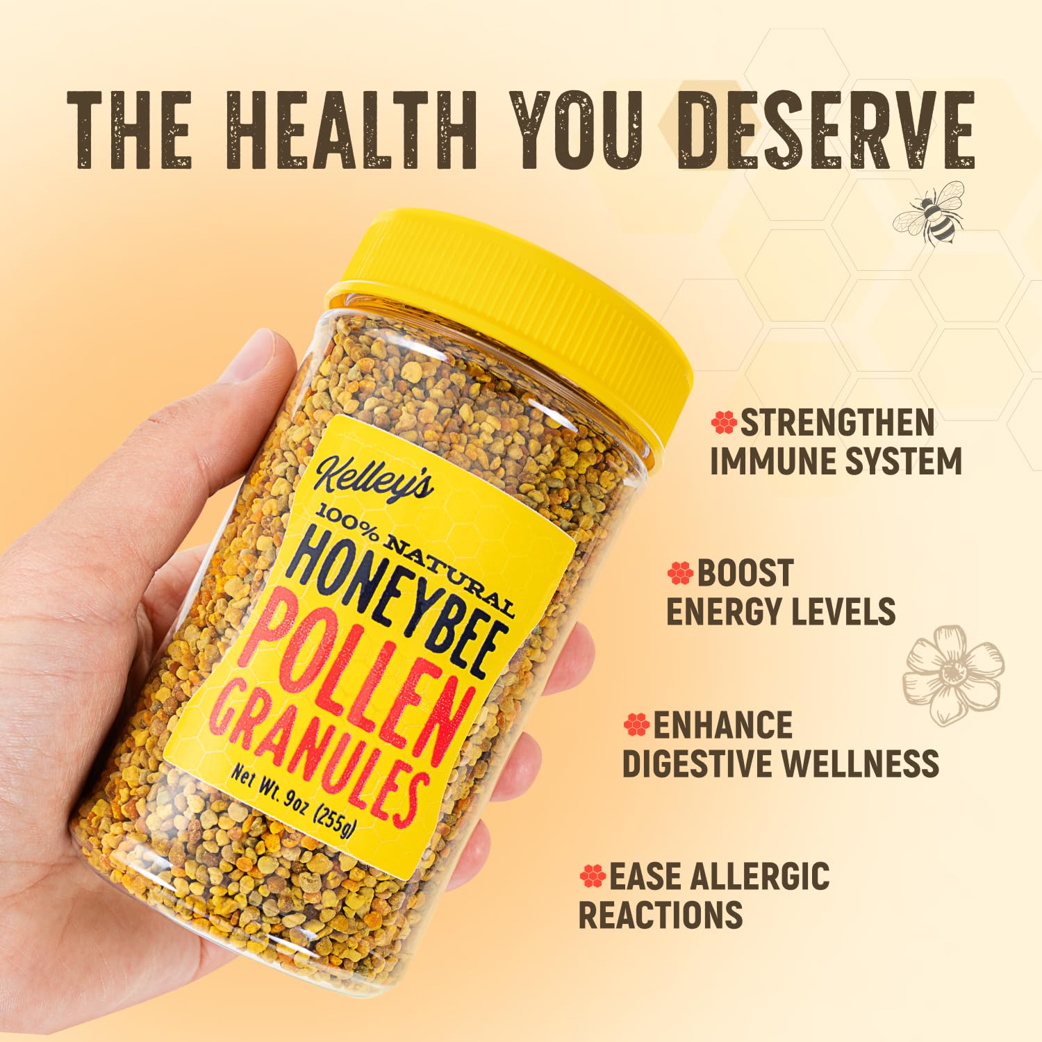 Nutrition facts panel on Kelley’s Bee Pollen highlights protein and minerals