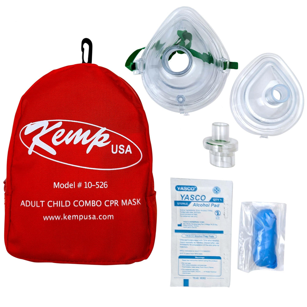Kemp USA CPR mask for adults provides a protective barrier for rescue breathing.