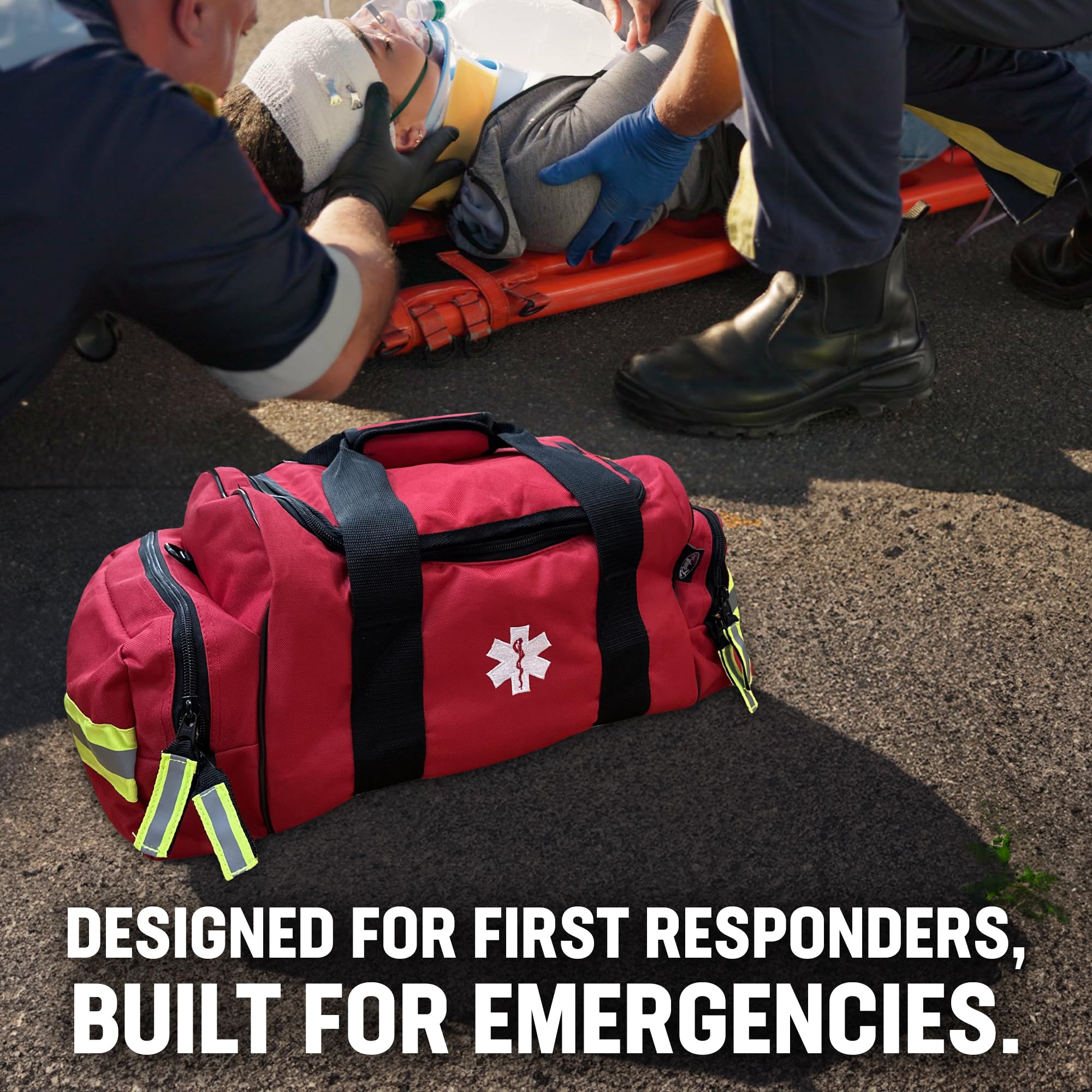Red Kemp USA Maxi Trauma Bag with reflective trim for visibility.