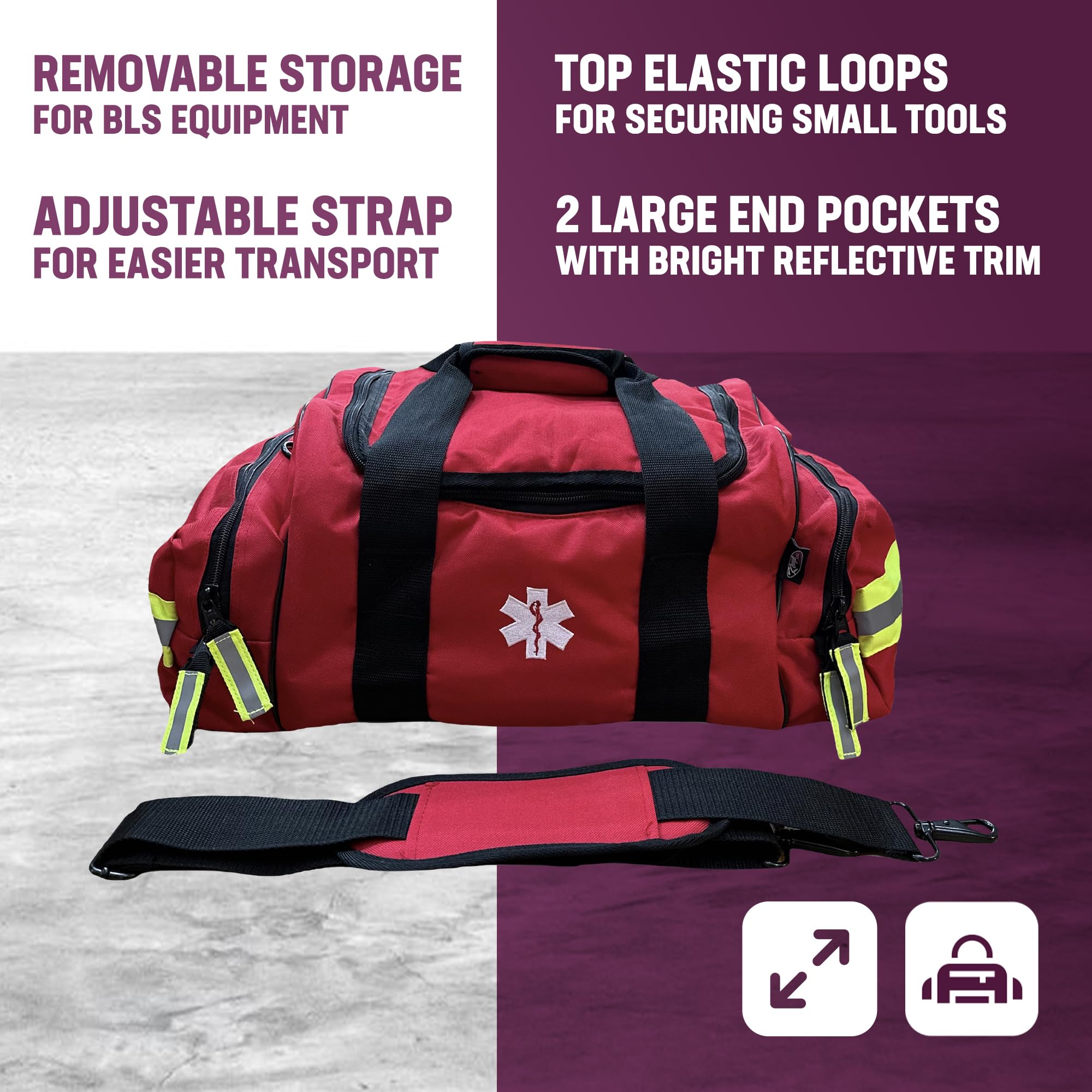Adjustable shoulder strap on the Kemp USA Trauma Bag for portable use.