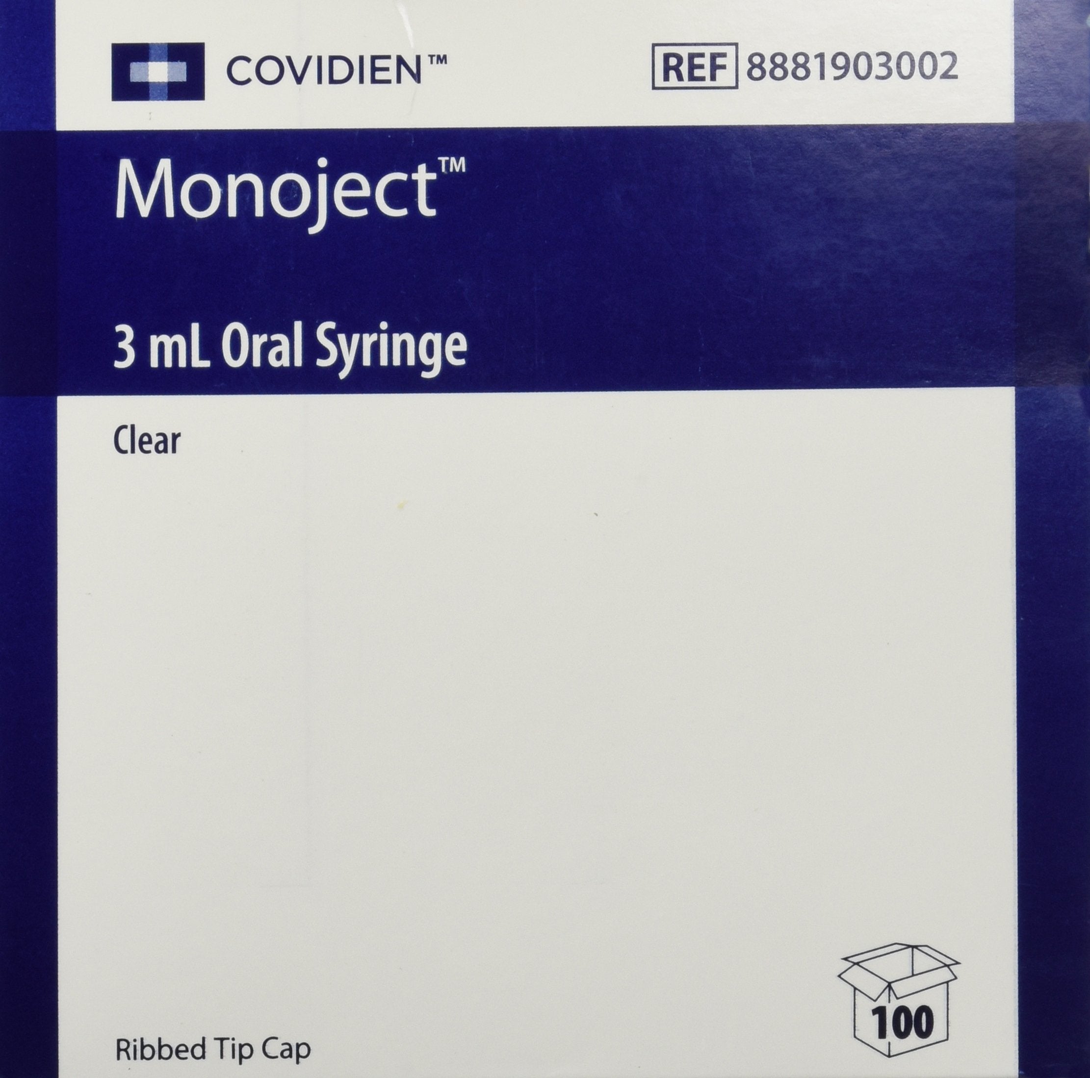 Kendall Monoject 3ml syringe, clear barrel with readable markings for precise oral dosing