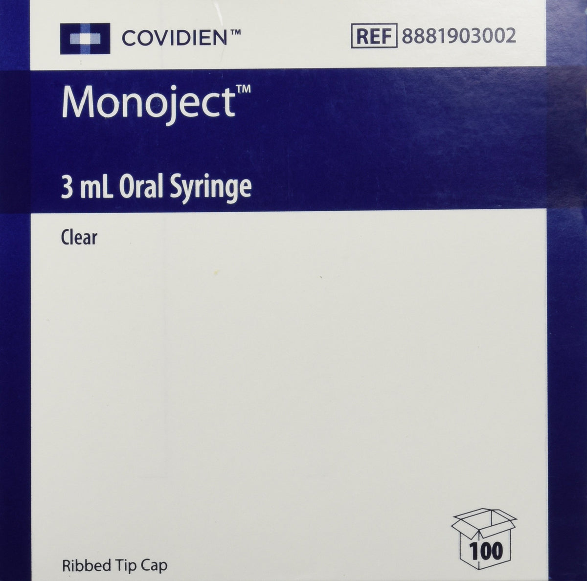 Kendall Monoject 3ml syringe, clear barrel with readable markings for precise oral dosing
