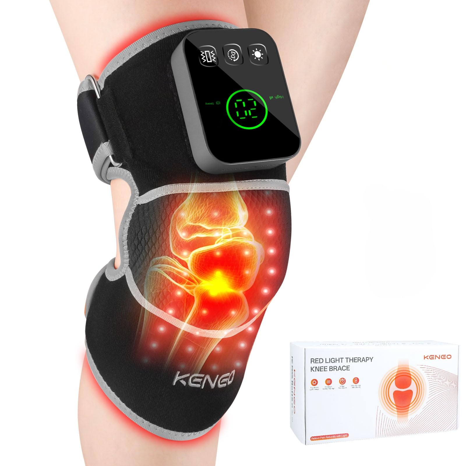 KENEO knee brace red-light therapy focus for joint comfort and improved circulation.