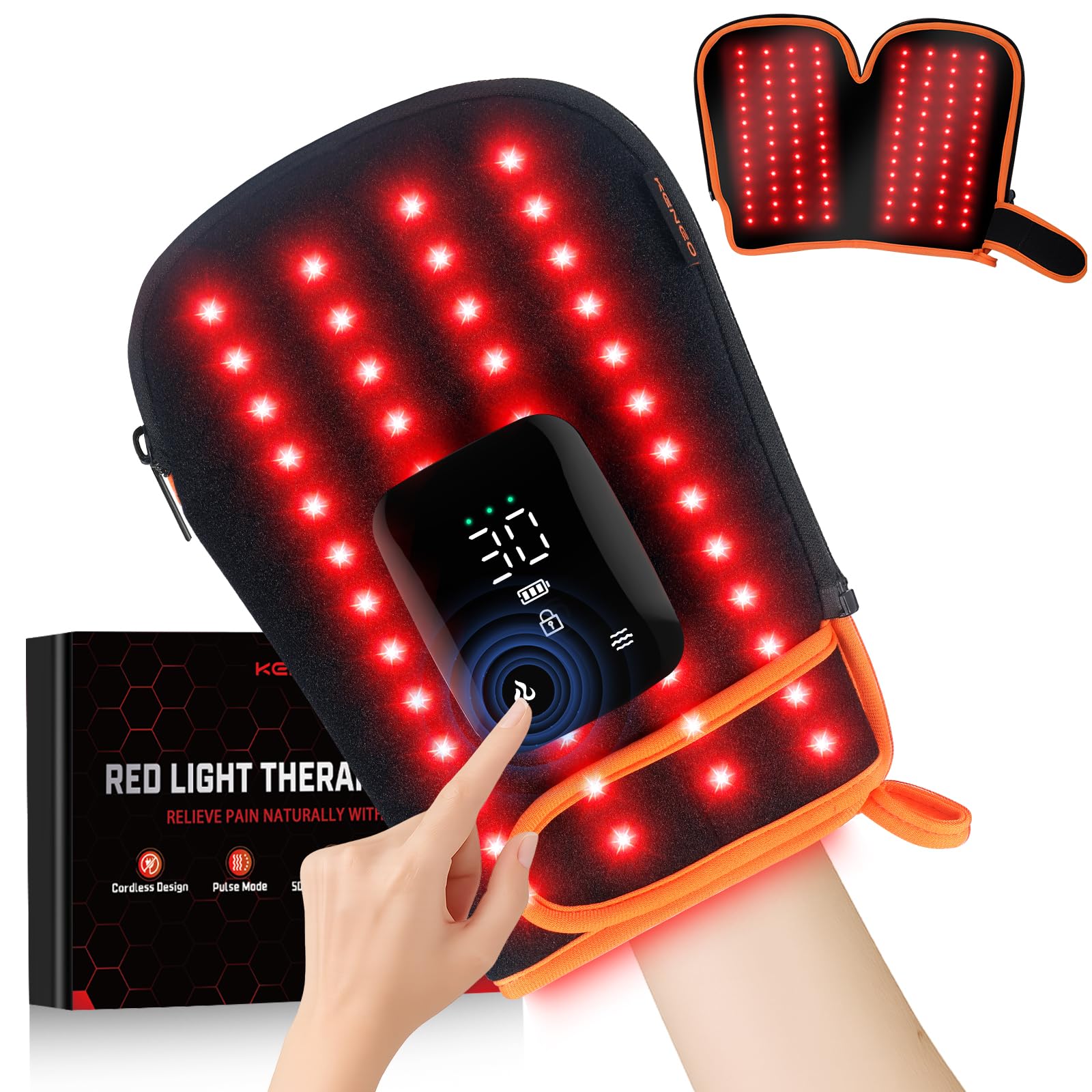 Keneo red light therapy gloves top view with full hand coverage for soothing warmth