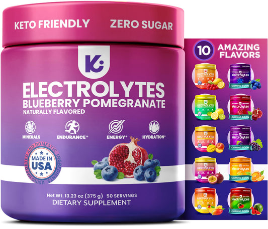 Keppi Electrolytes powder in blueberry-pomegranate for clean, sugar-free hydration.