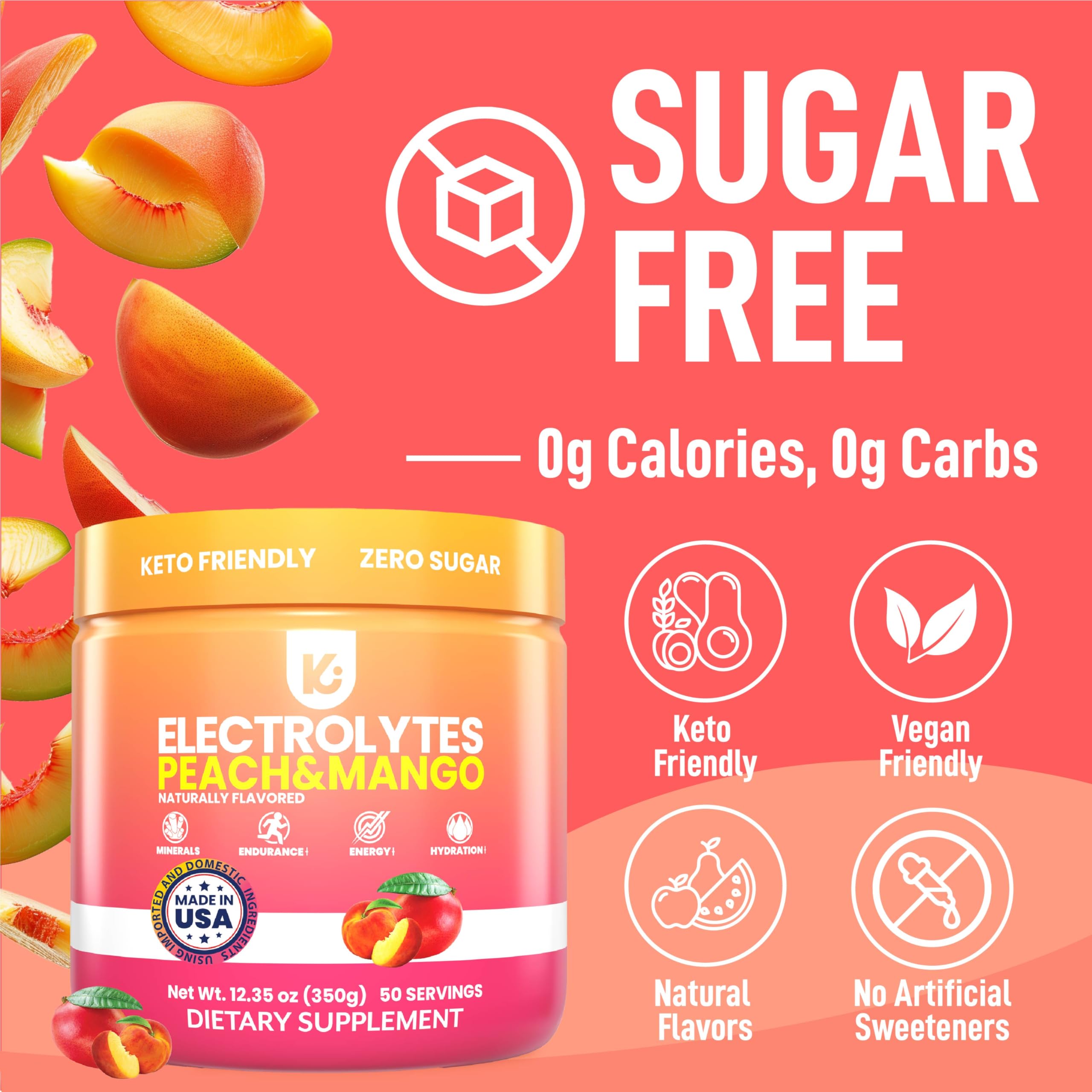 Keppi Peach Mango electrolytes poured into a glass, showcasing bright flavor