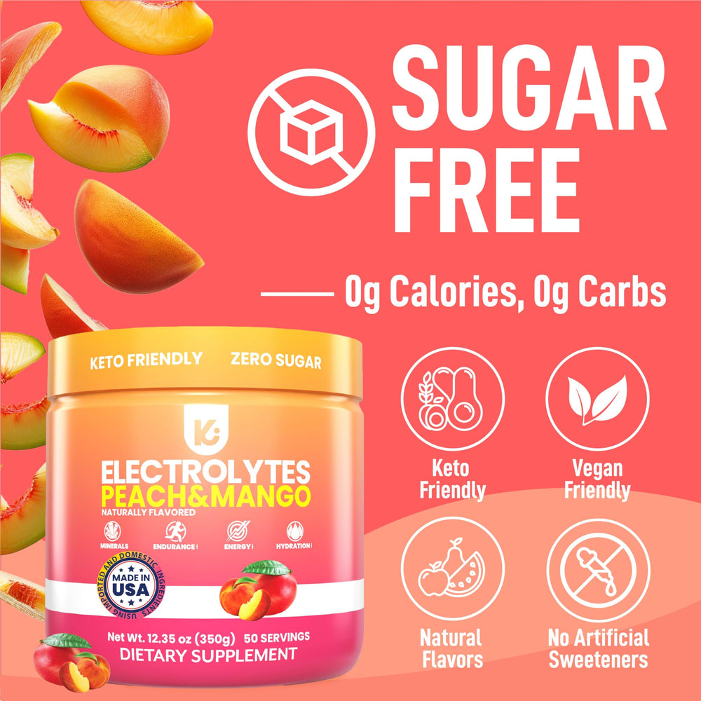 Keppi Peach Mango electrolytes poured into a glass, showcasing bright flavor