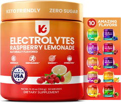 Keppi Raspberry Lemonade Electrolytes powder tub for zero-sugar hydration.