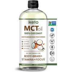Keppi MCT Oil bottle shown on a kitchen counter, pure coconut energy