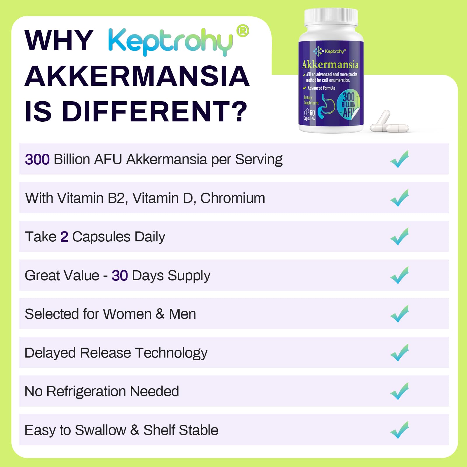 Keptrohy Akkermansia capsules for daily gut microbe support in pill form.