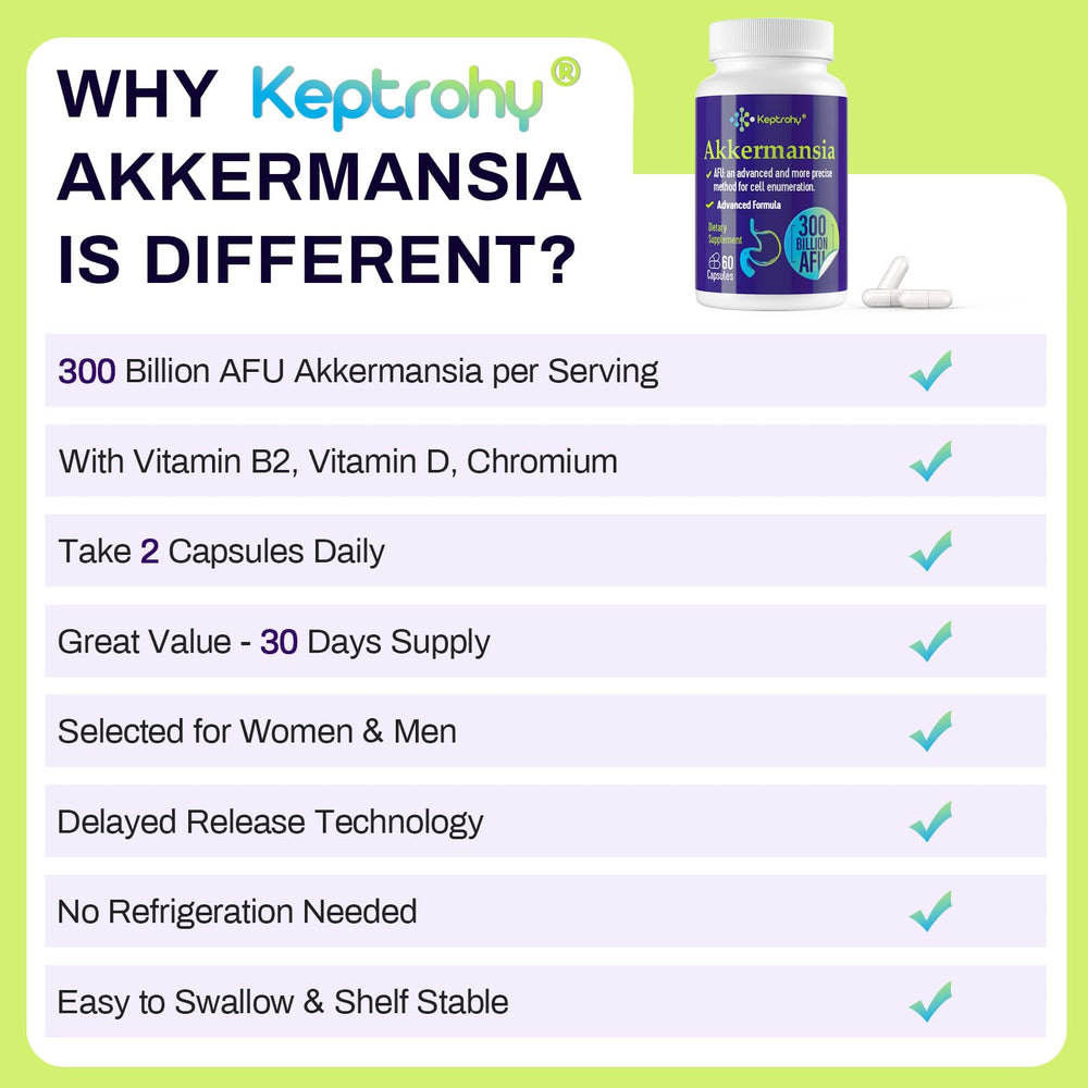 Keptrohy Akkermansia capsules for daily gut microbe support in pill form.