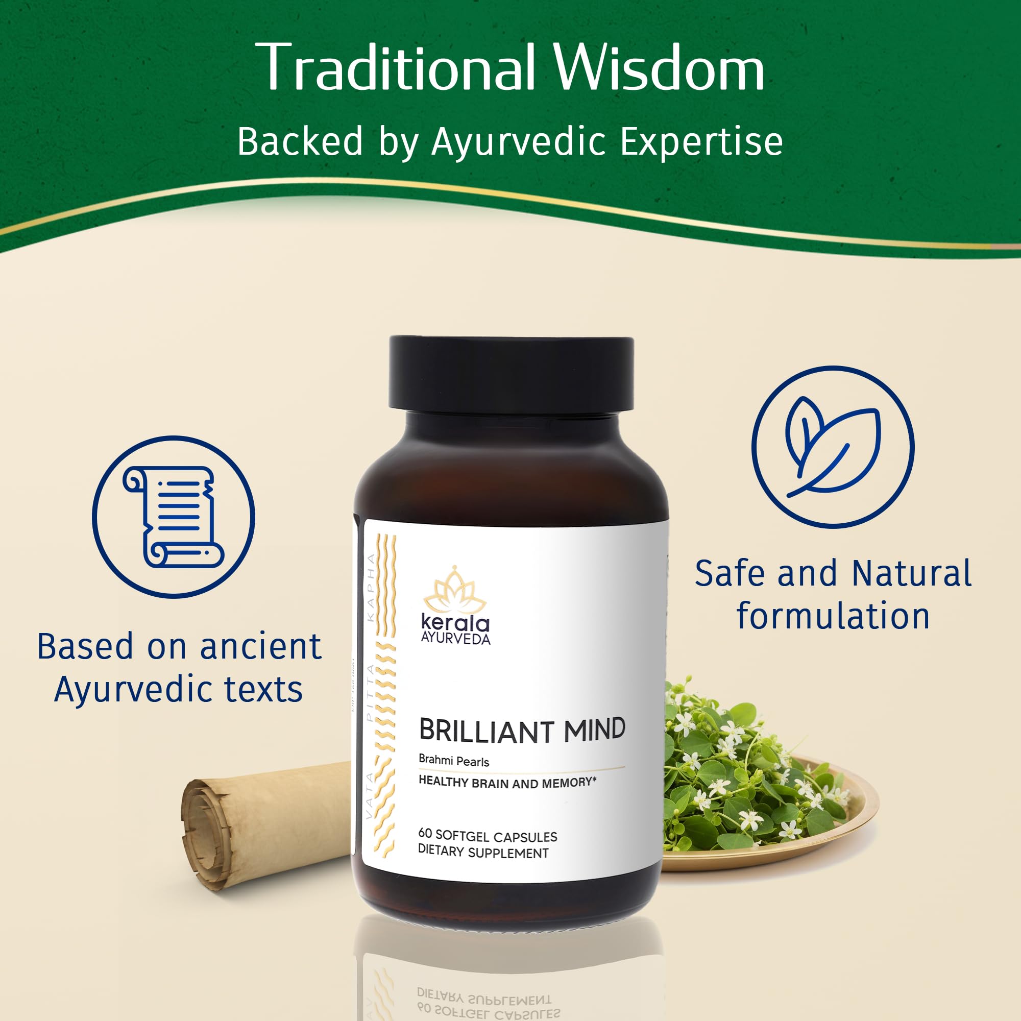 Kerala Ayurveda Brahmi Pearls natural ingredients display conveying clean plant-based support