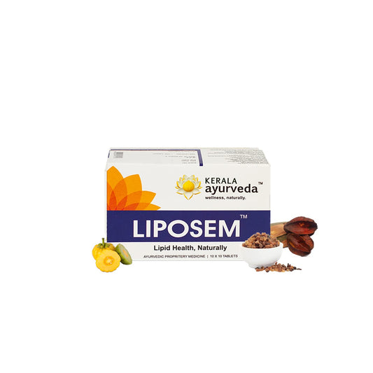 Kerala Ayurveda Liposem tablets closeup showing herbal blend for potential cholesterol support.