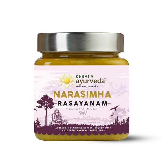 Kerala Ayurveda Narasimha Rasayanam jar close-up with ghee and herbs for rejuvenation