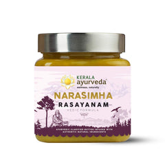 Kerala Ayurveda Narasimha Rasayanam jar close-up with ghee and herbs for rejuvenation