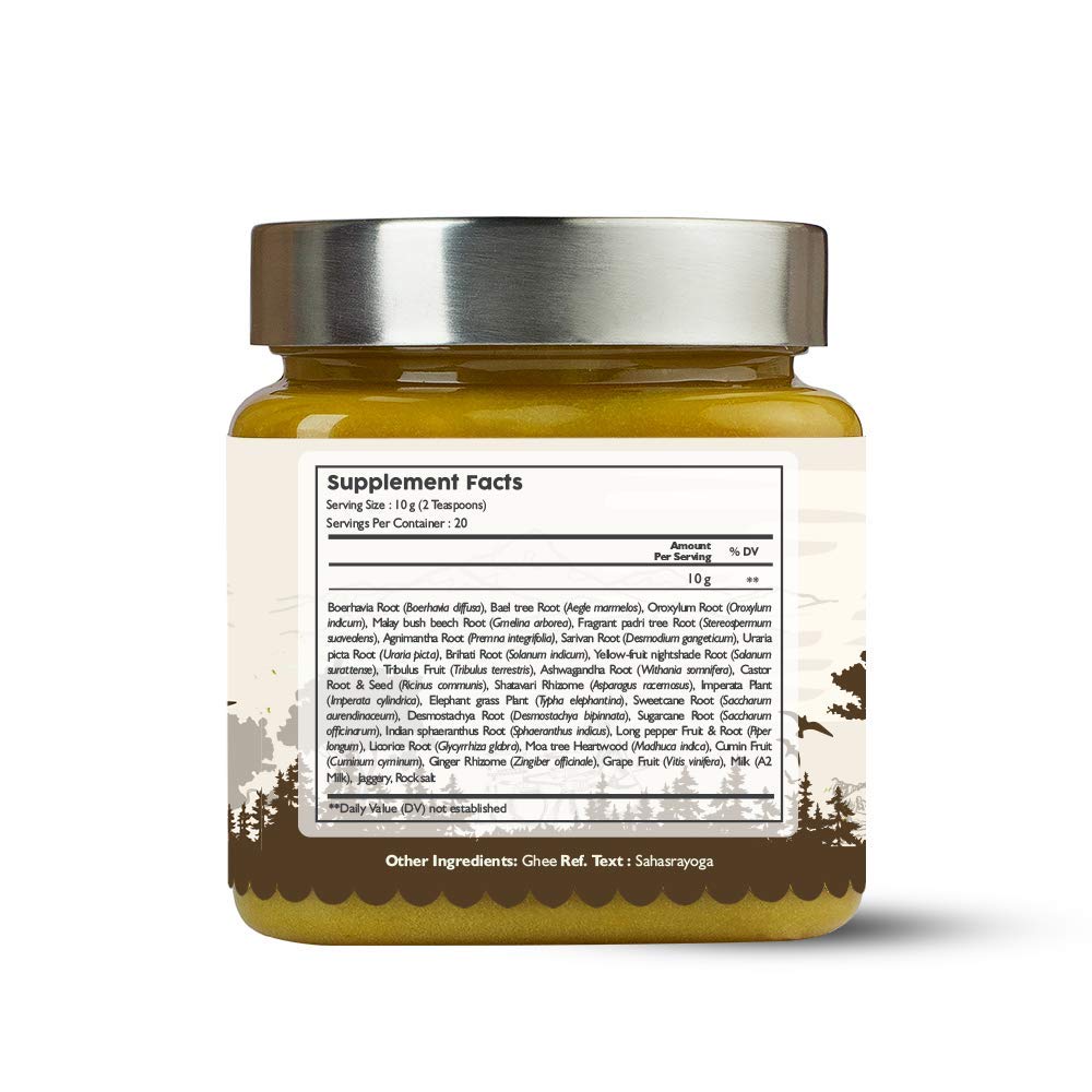 Sukumara Ghritham jar close-up shows natural herbs and ghee clarity.