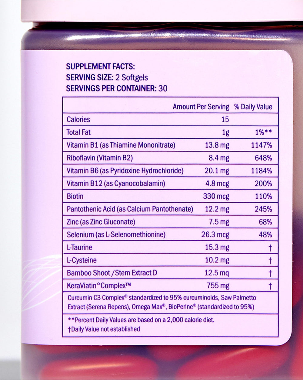 Keranique KeraViatin label detail highlighting vitamins and minerals.