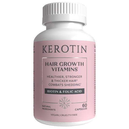 Kerotin Hair Growth Vitamins bottle showing a complete hair care solution for healthier hair