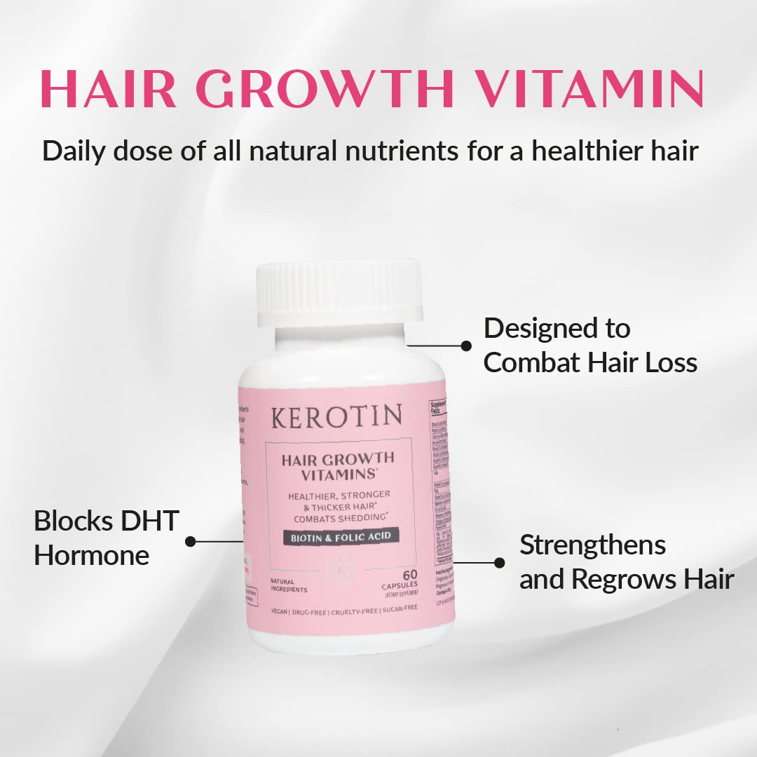 Kerotin Hair Growth Vitamins capsules closeup highlighting easy daily supplement for hair health