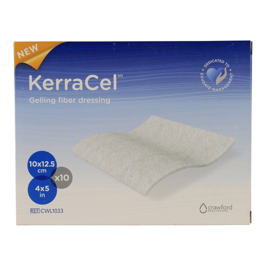 KerraCel gelling fiber wound dressing box showing drainage management and moisture balance.