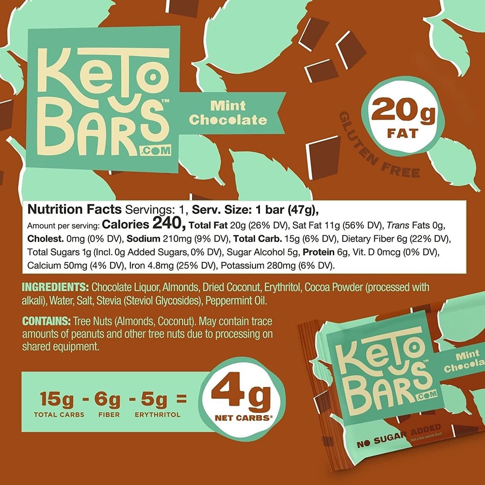 Keto Bars Mint Chocolate bar, refreshing flavor for afternoon cravings.