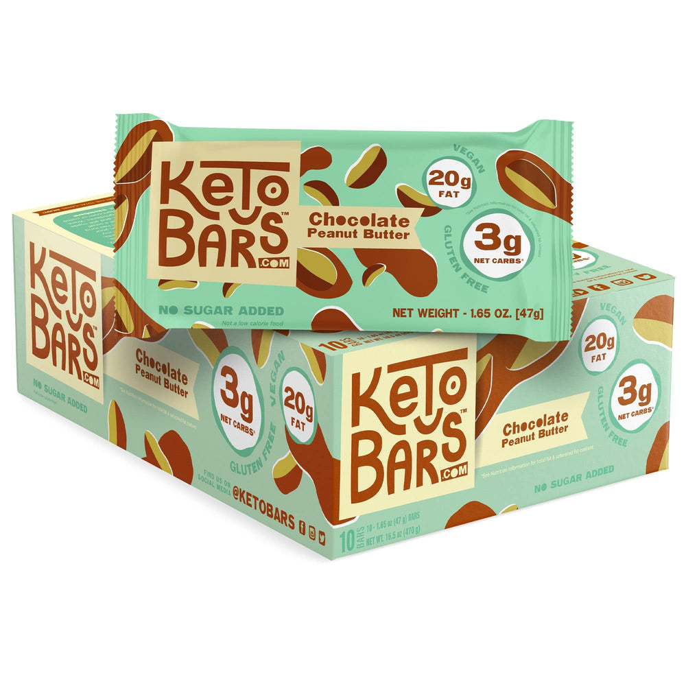Keto Bars original 10-pack chocolate peanut butter bar closeup, rich keto snack